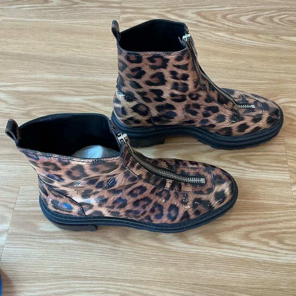 SCHUTZ Maryele Leopard Patent Print Combat Boots Size 9.5B